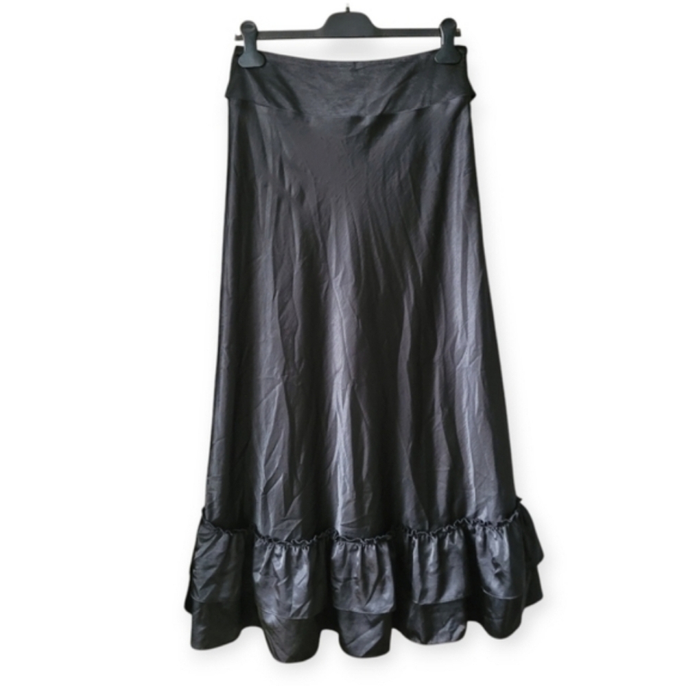 Vintage Satin Tiered Ruffle Hem Maxi Skirt Black Whimsigoth Goth 90s - Picture 2 of 15